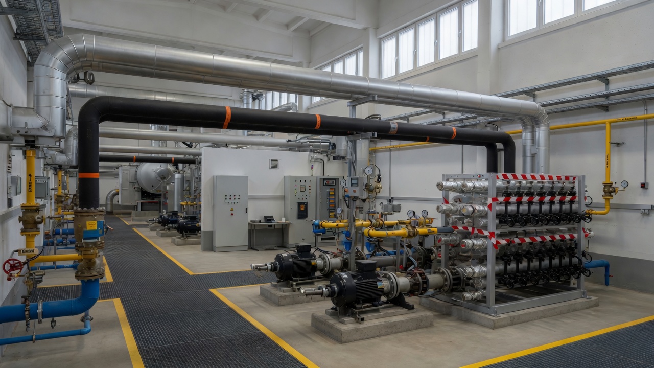Realistische Heizkraftwerk-Halle mit isolierten Fernwärmeleitungen, gelben Gas- und blauen Wasserleitungen
