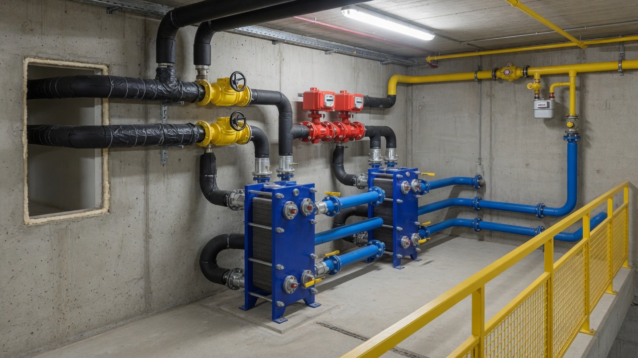 Schweizer Fernwärme-Übergabestation mit isolierten Vor- und Rücklaufleitungen, Gas- und Trinkwasserleitungen